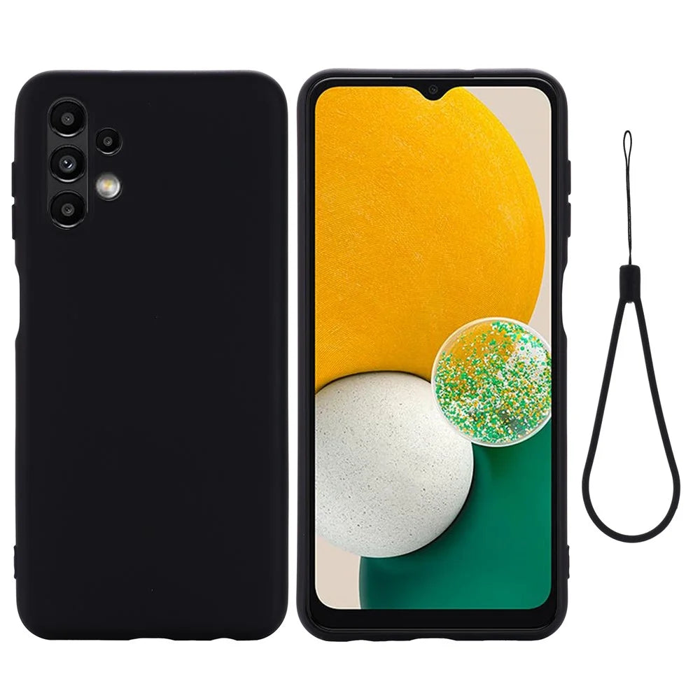 For Samsung Galaxy A13 4G Liquid Silicone Soft Microfiber Lining Anti-Shock Flexible Phone Case with Strap - Black - 1