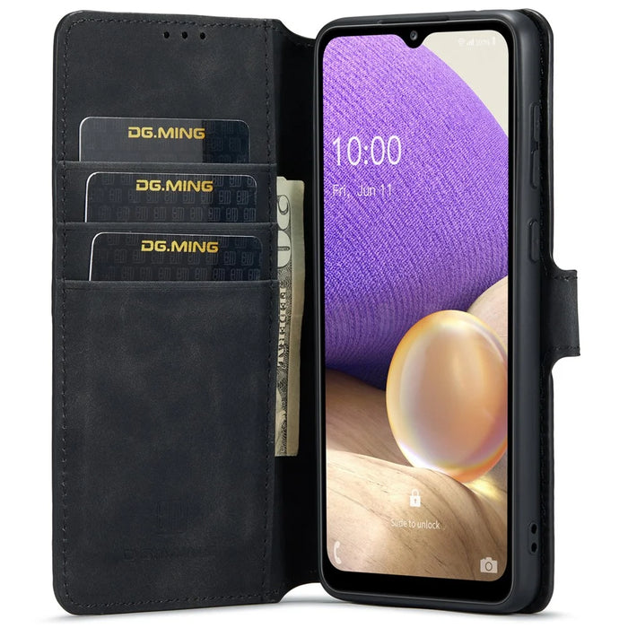 DG.MING For Samsung Galaxy A33 5G Retro Style Magnetic Closure Shockproof PU Leather Wallet Phone Case with Stand - Black - 5