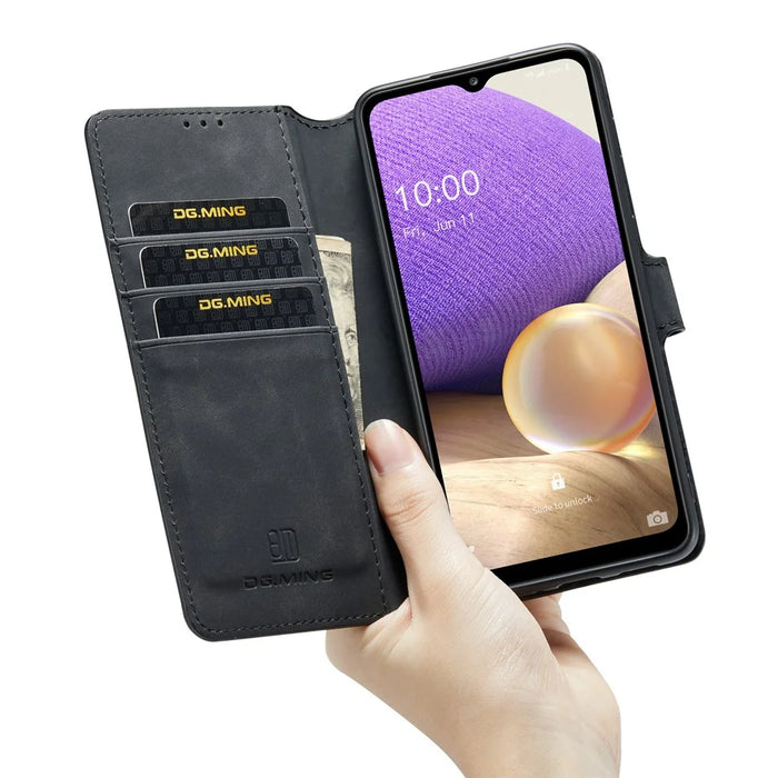 DG.MING For Samsung Galaxy A33 5G Retro Style Magnetic Closure Shockproof PU Leather Wallet Phone Case with Stand - Black - 6
