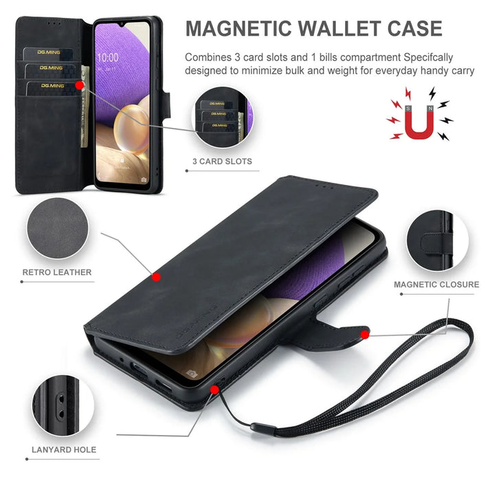 DG.MING For Samsung Galaxy A33 5G Retro Style Magnetic Closure Shockproof PU Leather Wallet Phone Case with Stand - Black - 7