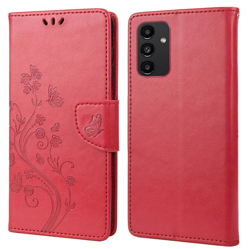 For Samsung Galaxy A13 4G Anti-scratch Stylish Imprint Butterflies Leather Phone Case Practical Wallet Stand Covering - Red - 1