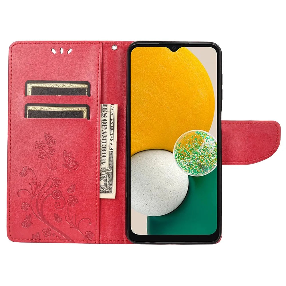 For Samsung Galaxy A13 4G Anti-scratch Stylish Imprint Butterflies Leather Phone Case Practical Wallet Stand Covering - Red - 3