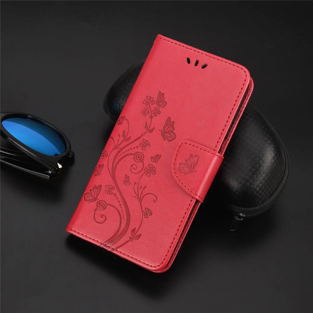For Samsung Galaxy A13 4G Anti-scratch Stylish Imprint Butterflies Leather Phone Case Practical Wallet Stand Covering - Red - 6