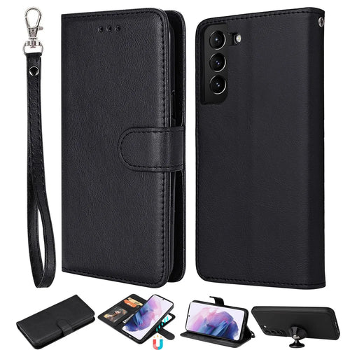 For Samsung Galaxy S22+ 5G Case 2 in 1 Detachable Magnetic Leather Wallet Mobile Cover with Strap - Black - 1