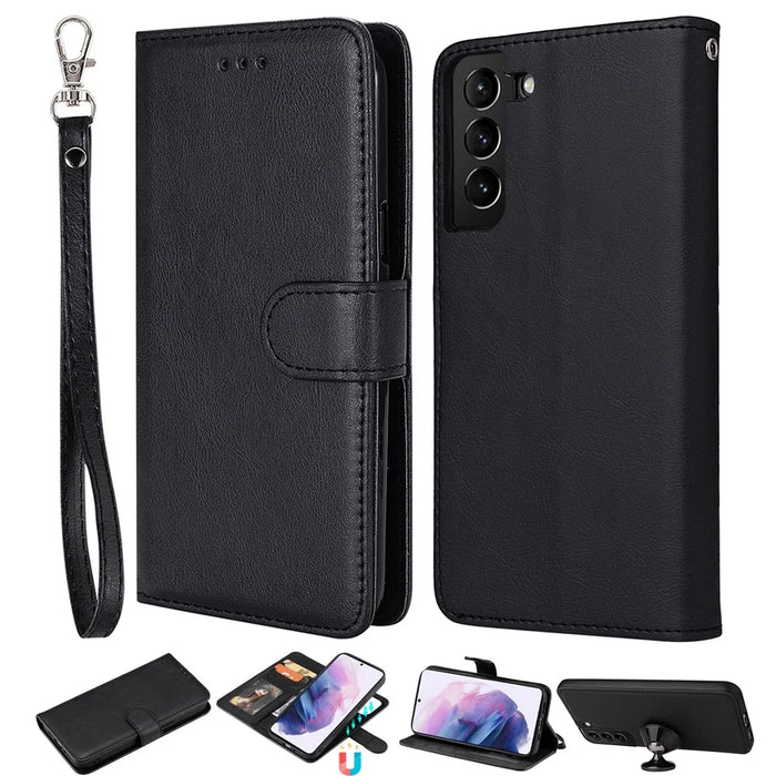 For Samsung Galaxy S22+ 5G Case 2 in 1 Detachable Magnetic Leather Wallet Mobile Cover with Strap - Black - 1