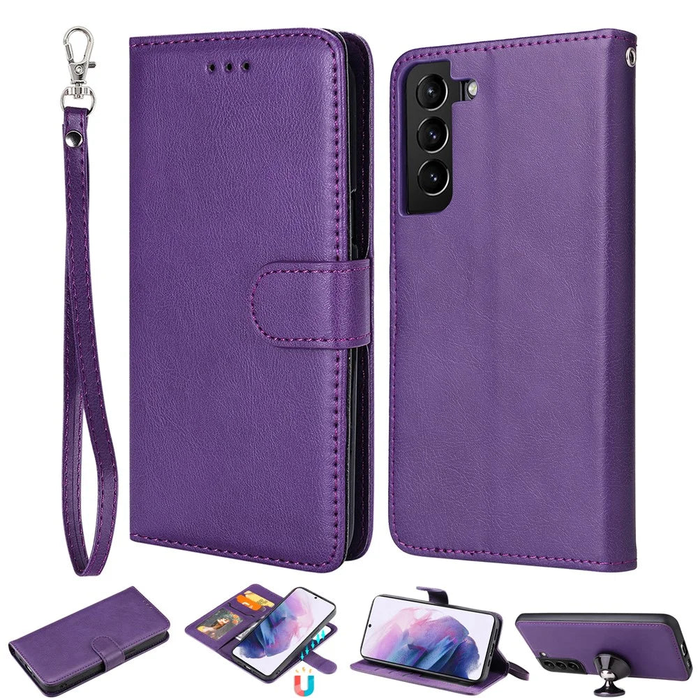 For Samsung Galaxy S22 5G Case 2 in 1 Detachable Magnetic Leather Wallet Mobile Cover with Strap - Purple - 1