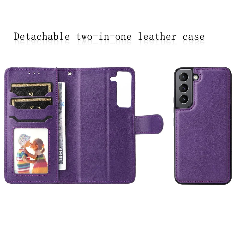 For Samsung Galaxy S22 5G Case 2 in 1 Detachable Magnetic Leather Wallet Mobile Cover with Strap - Purple - 4