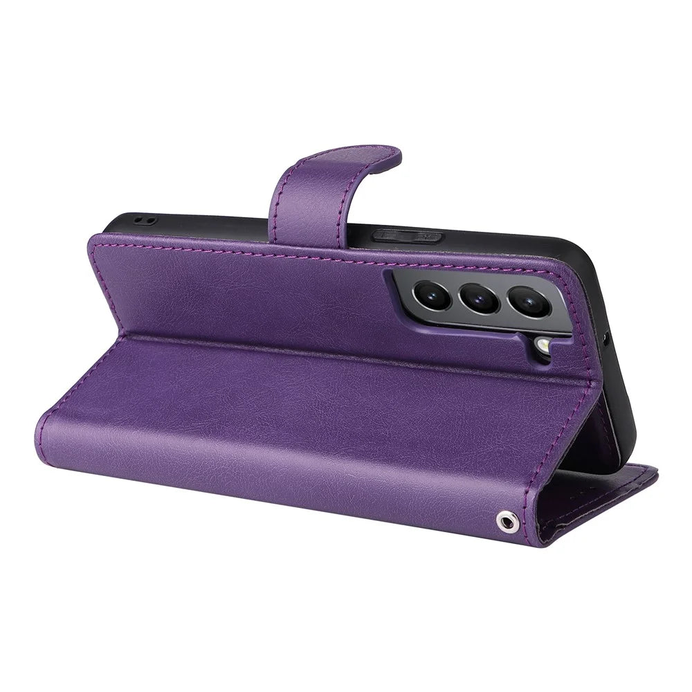 For Samsung Galaxy S22 5G Case 2 in 1 Detachable Magnetic Leather Wallet Mobile Cover with Strap - Purple - 5