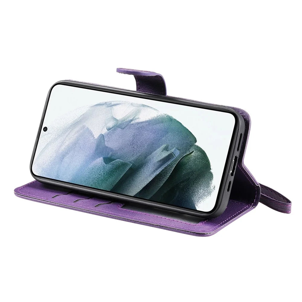 For Samsung Galaxy S22 5G Case 2 in 1 Detachable Magnetic Leather Wallet Mobile Cover with Strap - Purple - 6