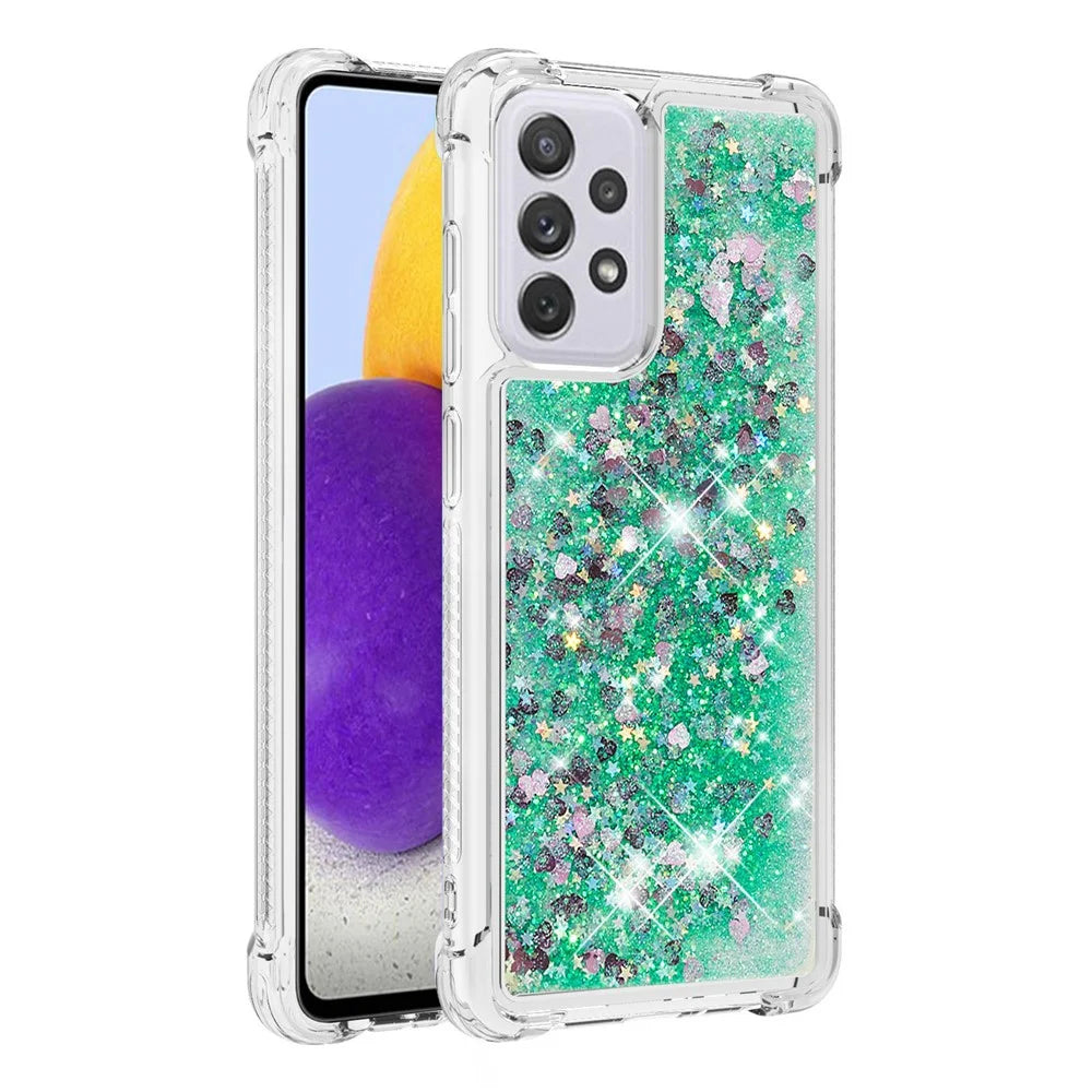 LE1 Series Glitter Case for Samsung Galaxy A73 5G, Sparkle Quicksand Floating Liquid Soft TPU Protective Phone Case - Green/Hearts - 1