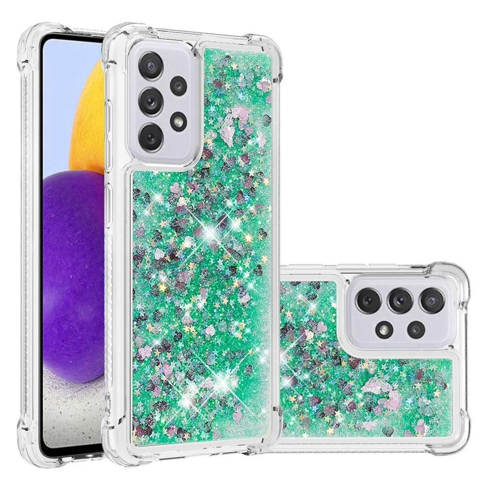LE1 Series Glitter Case for Samsung Galaxy A73 5G, Sparkle Quicksand Floating Liquid Soft TPU Protective Phone Case - Green/Hearts - 2
