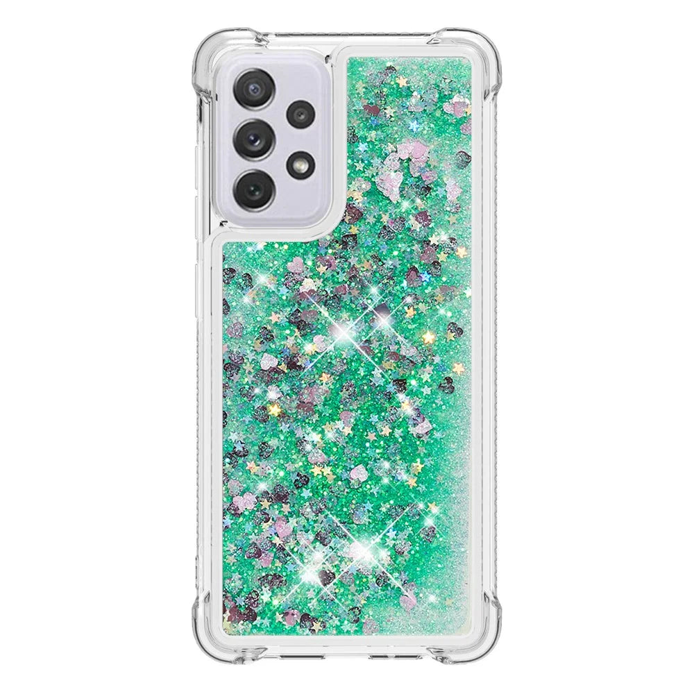 LE1 Series Glitter Case for Samsung Galaxy A73 5G, Sparkle Quicksand Floating Liquid Soft TPU Protective Phone Case - Green/Hearts - 3