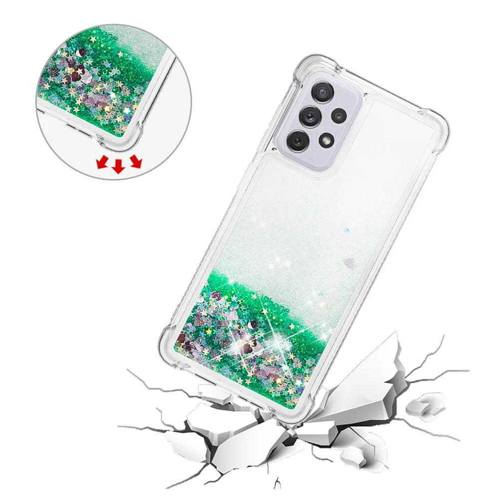 LE1 Series Glitter Case for Samsung Galaxy A73 5G, Sparkle Quicksand Floating Liquid Soft TPU Protective Phone Case - Green/Hearts - 5