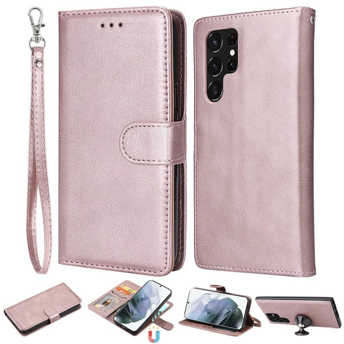 For Samsung Galaxy S22 Ultra 5G Case 2 in 1 Detachable Magnetic Leather Wallet Mobile Cover with Strap - Rose Gold - 1