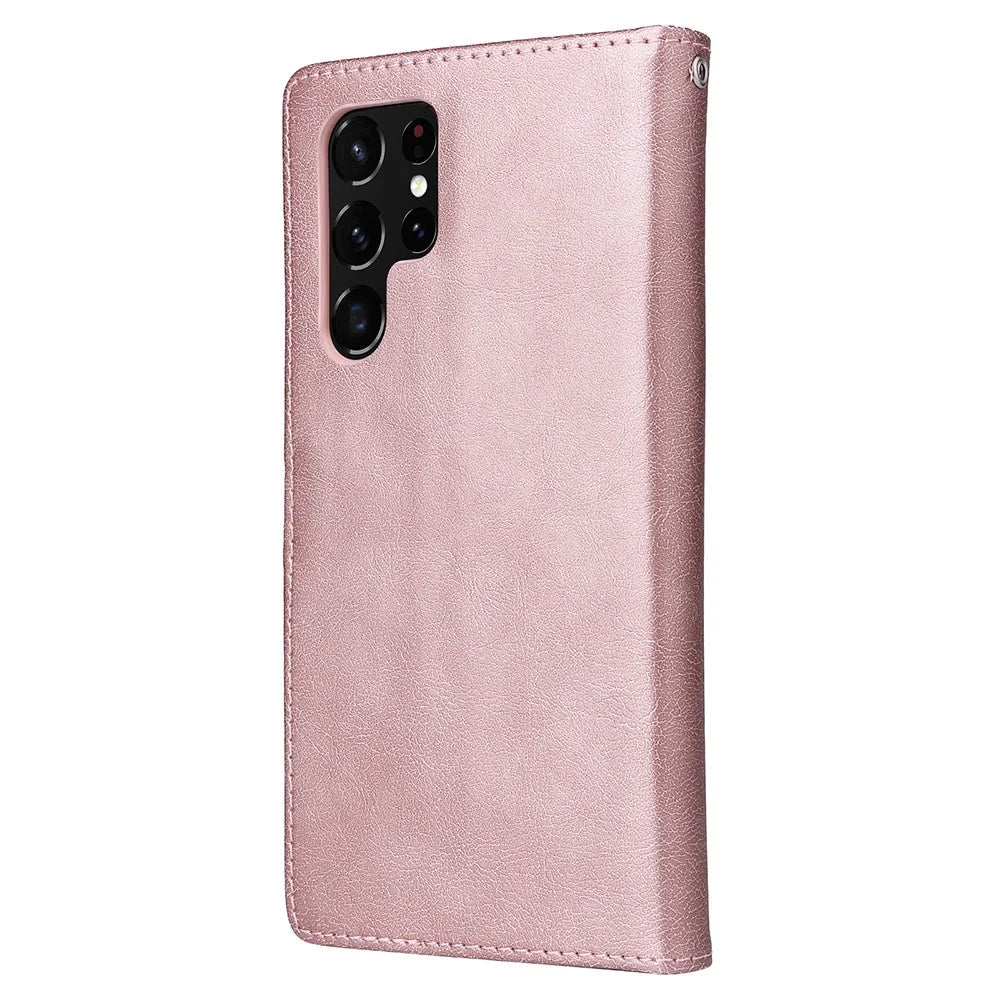 For Samsung Galaxy S22 Ultra 5G Case 2 in 1 Detachable Magnetic Leather Wallet Mobile Cover with Strap - Rose Gold - 3