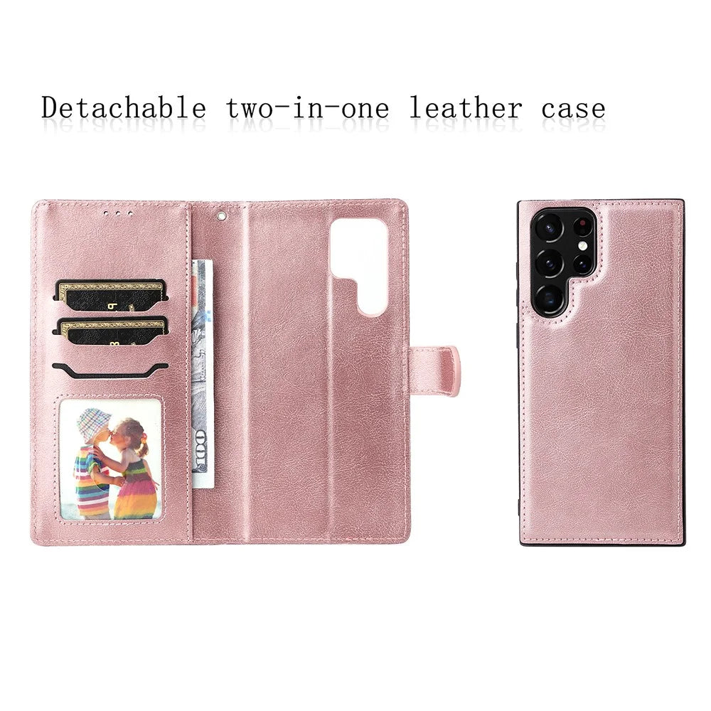 For Samsung Galaxy S22 Ultra 5G Case 2 in 1 Detachable Magnetic Leather Wallet Mobile Cover with Strap - Rose Gold - 4