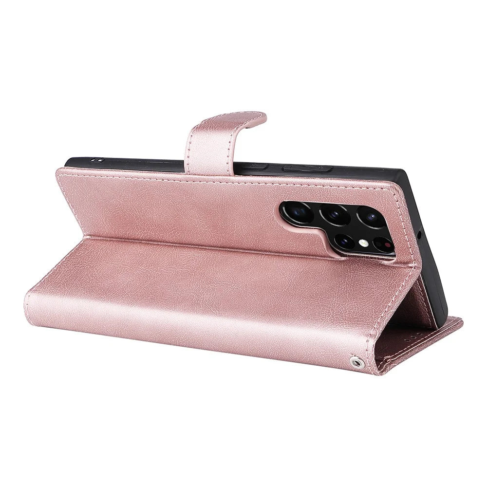 For Samsung Galaxy S22 Ultra 5G Case 2 in 1 Detachable Magnetic Leather Wallet Mobile Cover with Strap - Rose Gold - 5