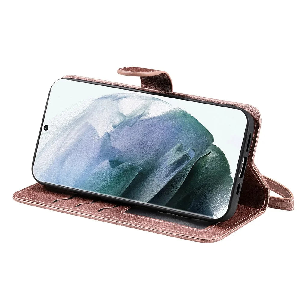 For Samsung Galaxy S22 Ultra 5G Case 2 in 1 Detachable Magnetic Leather Wallet Mobile Cover with Strap - Rose Gold - 6