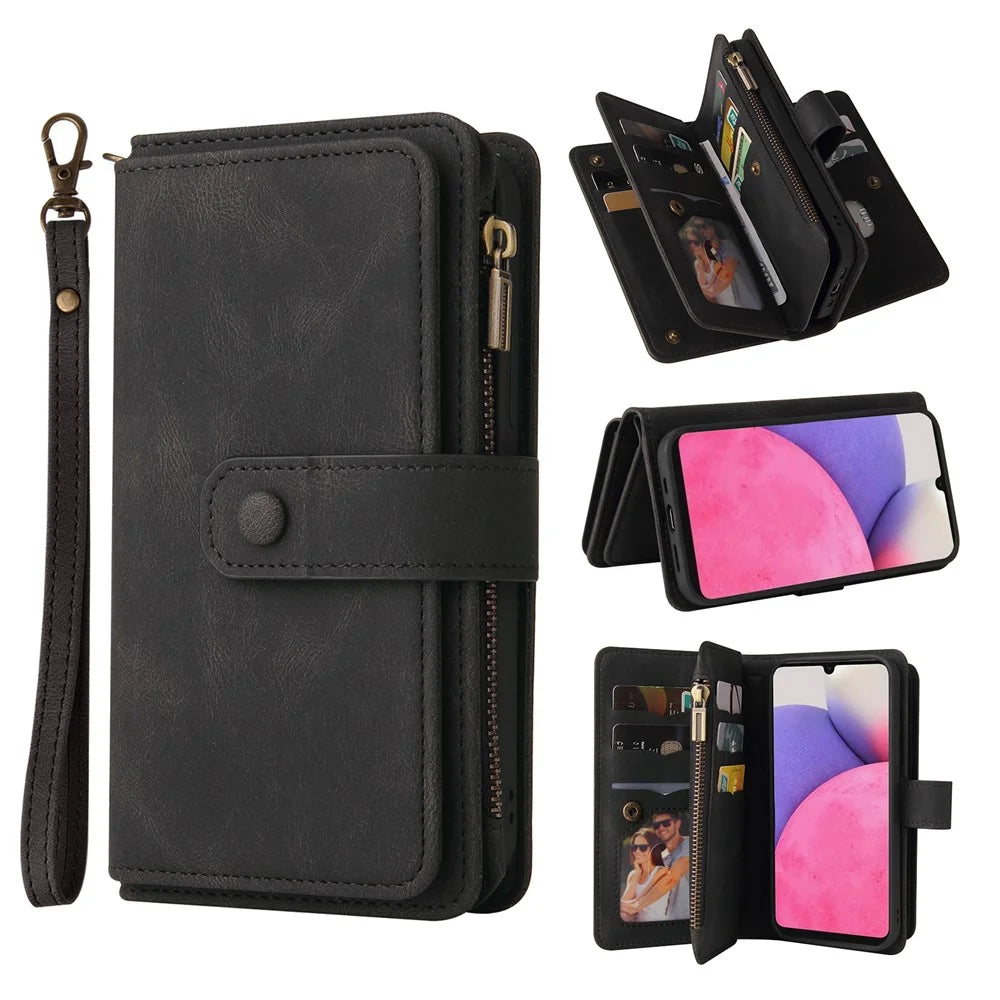 For Samsung Galaxy A53 5G Zipper Wallet Case with 15 Card Slots and Strap Leather Phone Cover - Black - 1