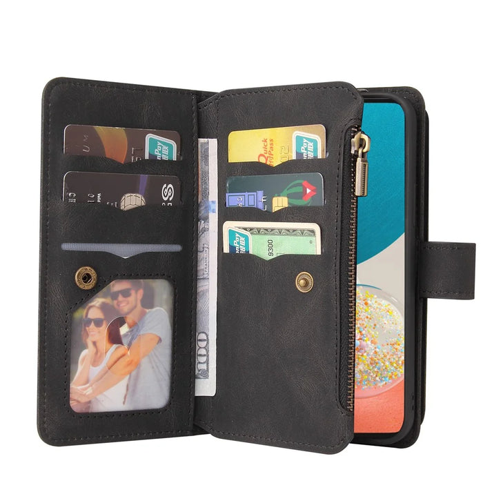 For Samsung Galaxy A53 5G Zipper Wallet Case with 15 Card Slots and Strap Leather Phone Cover - Black - 4