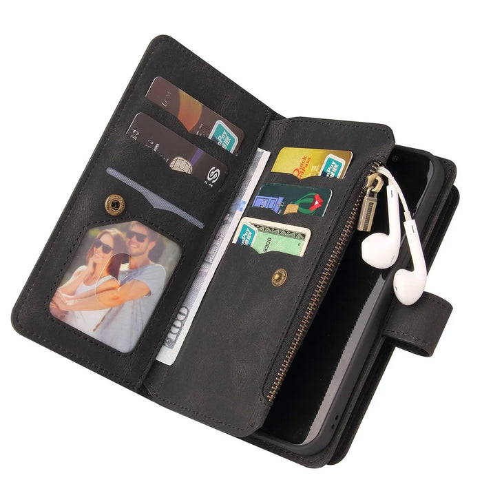 For Samsung Galaxy A53 5G Zipper Wallet Case with 15 Card Slots and Strap Leather Phone Cover - Black - 5