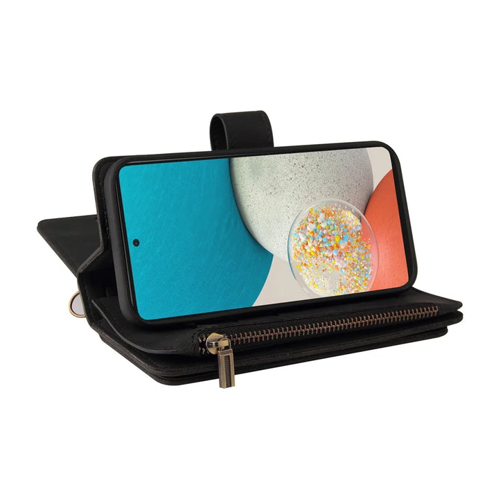 For Samsung Galaxy A53 5G Zipper Wallet Case with 15 Card Slots and Strap Leather Phone Cover - Black - 7