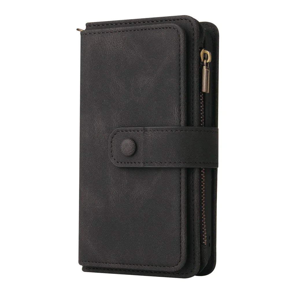 For Samsung Galaxy A13 4G Zipper Wallet Case with 15 Card Slots and Strap Leather Phone Cover - Black - 2