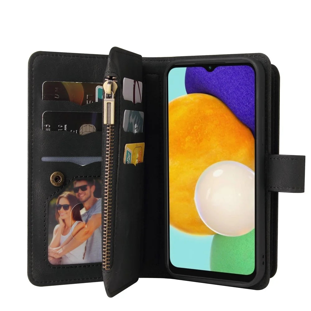 For Samsung Galaxy A13 4G Zipper Wallet Case with 15 Card Slots and Strap Leather Phone Cover - Black - 4