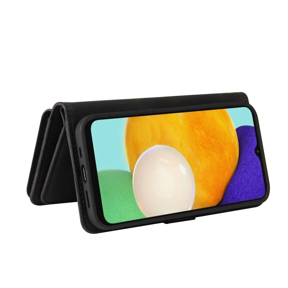 For Samsung Galaxy A13 4G Zipper Wallet Case with 15 Card Slots and Strap Leather Phone Cover - Black - 6