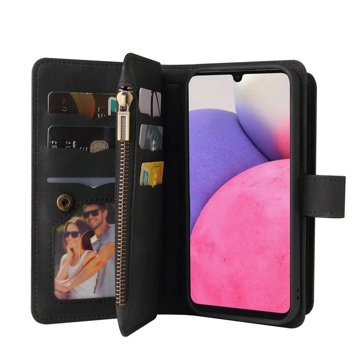 For Samsung Galaxy A33 5G Zipper Wallet Case with 15 Card Slots and Strap Leather Phone Cover - Black - 4