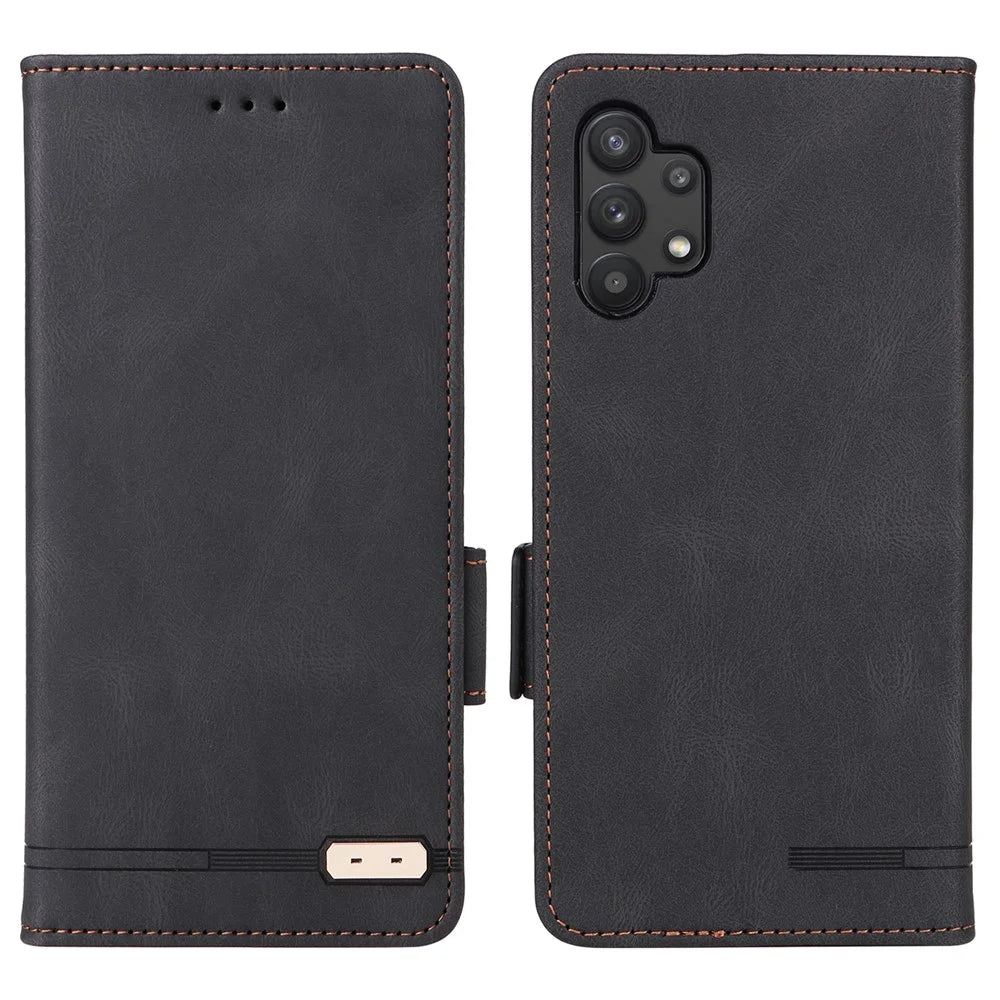 For Samsung Galaxy A32 5G Hardware Design Foldable Stand Wallet Cover Shockproof Leather Phone Case - Black - 1