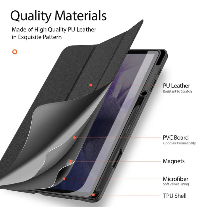 DUX DUCIS DOMO Series for Samsung Galaxy Tab S7+ / S8+ / S7 FE Tri-fold Stand PU Leather + TPU Auto Sleep / Wake Tablet Case Cover with Pen Slot - Black - 6