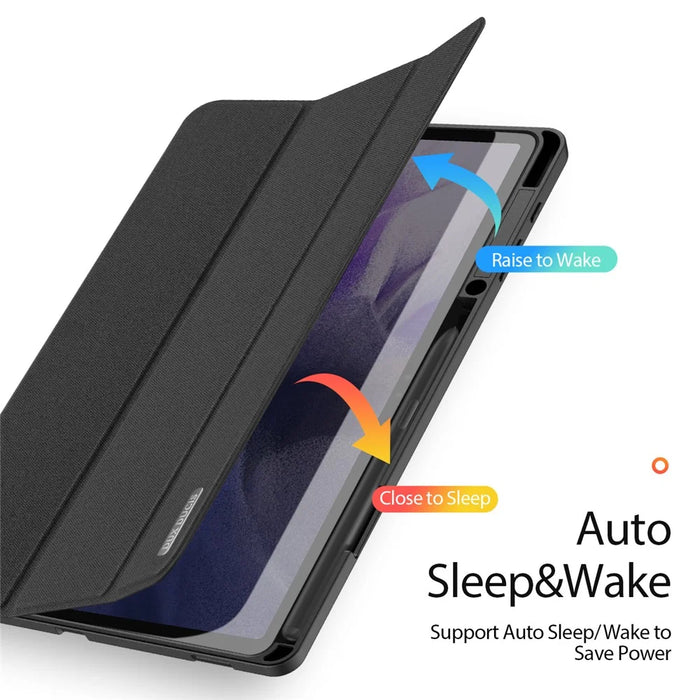 DUX DUCIS DOMO Series for Samsung Galaxy Tab S7+ / S8+ / S7 FE Tri-fold Stand PU Leather + TPU Auto Sleep / Wake Tablet Case Cover with Pen Slot - Black - 7