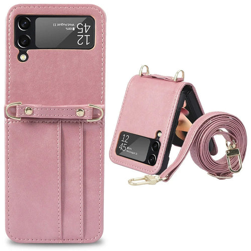 Card Slots Phone Cover for Samsung Galaxy Z Flip3 5G,  One-piece Design PU Leather + TPU Case with Long Lanyard - Pink - 1