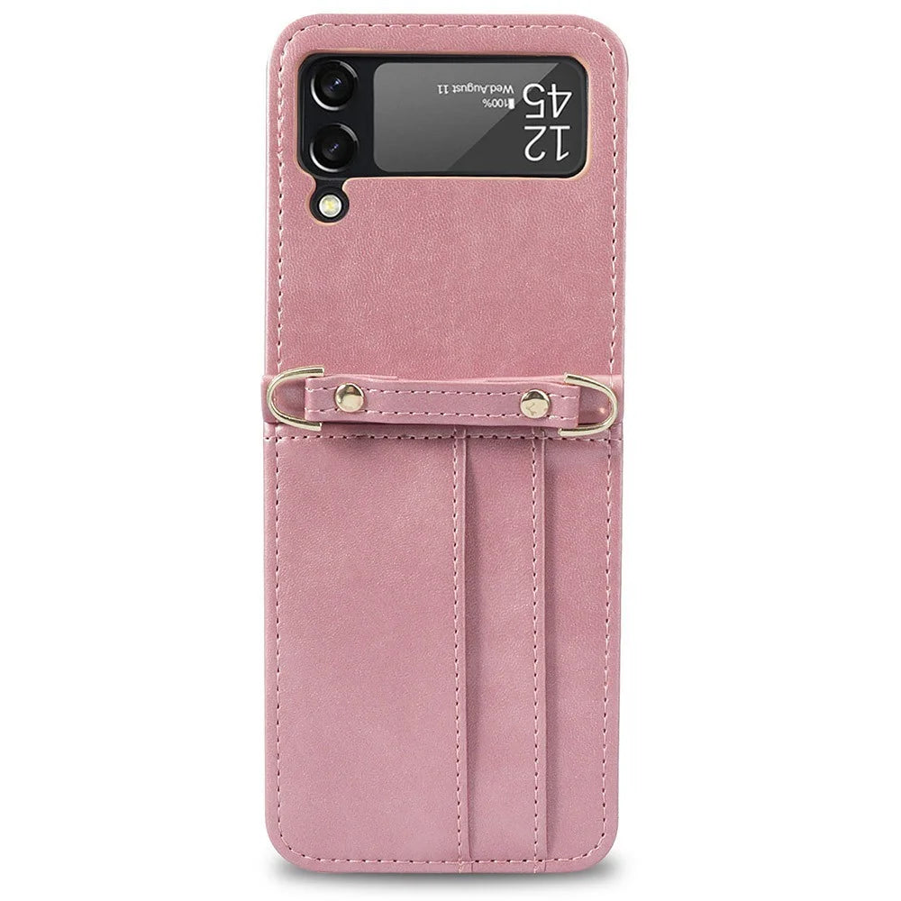 Card Slots Phone Cover for Samsung Galaxy Z Flip3 5G,  One-piece Design PU Leather + TPU Case with Long Lanyard - Pink - 2