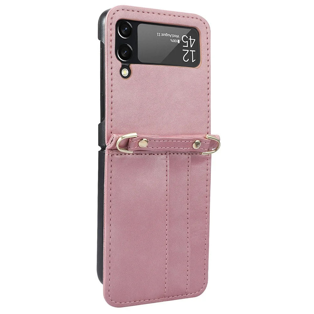 Card Slots Phone Cover for Samsung Galaxy Z Flip3 5G,  One-piece Design PU Leather + TPU Case with Long Lanyard - Pink - 3