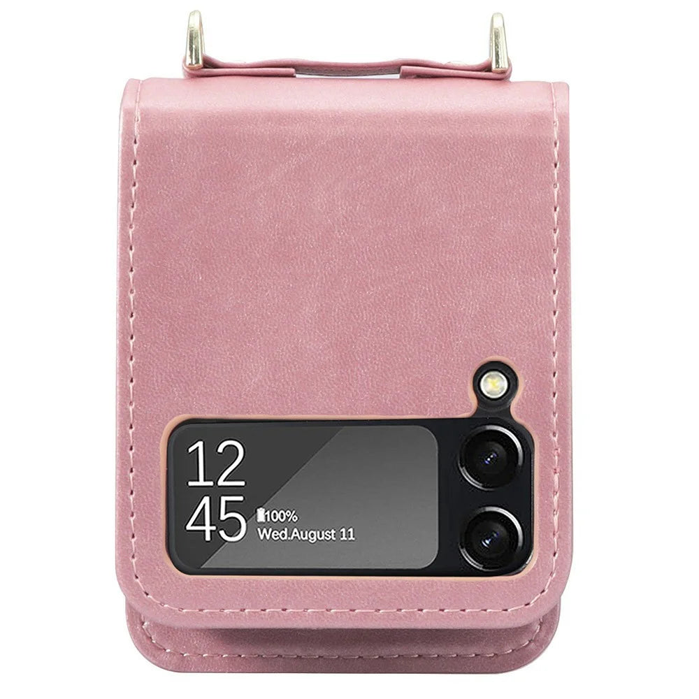 Card Slots Phone Cover for Samsung Galaxy Z Flip3 5G,  One-piece Design PU Leather + TPU Case with Long Lanyard - Pink - 4