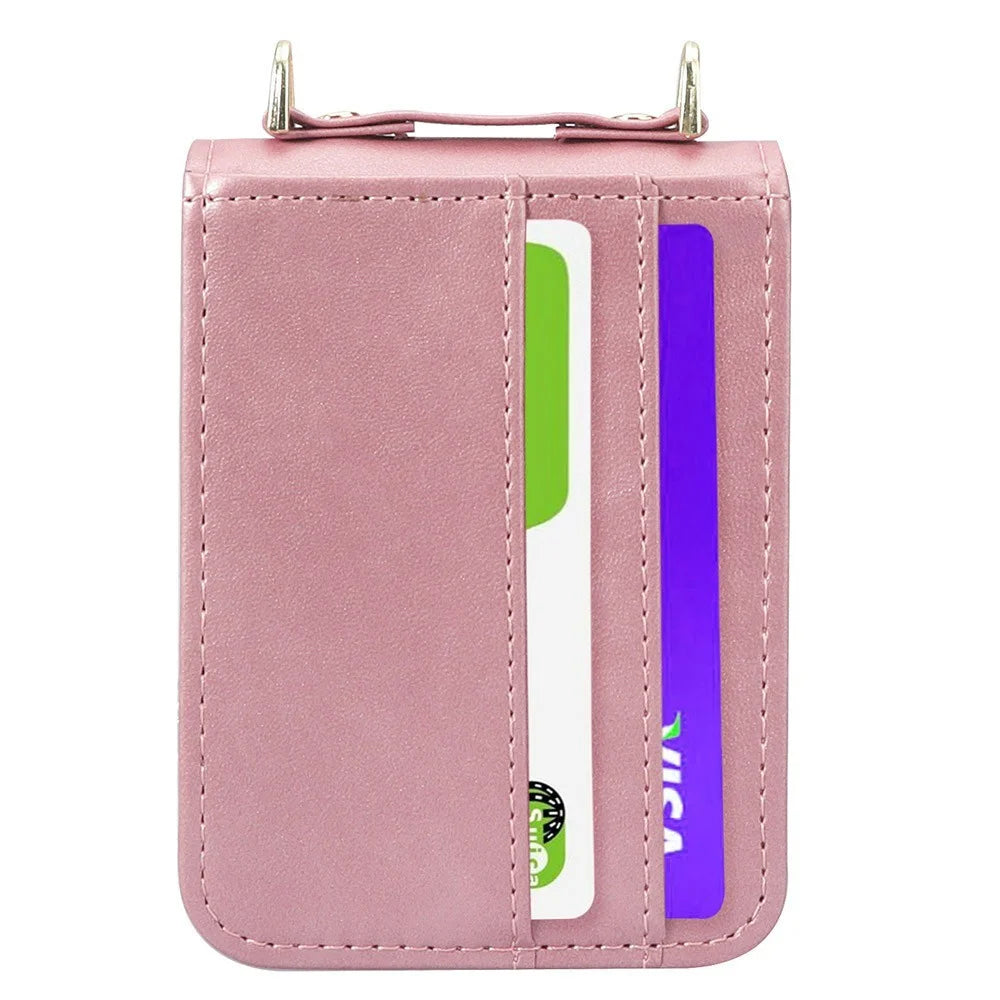 Card Slots Phone Cover for Samsung Galaxy Z Flip3 5G,  One-piece Design PU Leather + TPU Case with Long Lanyard - Pink - 5