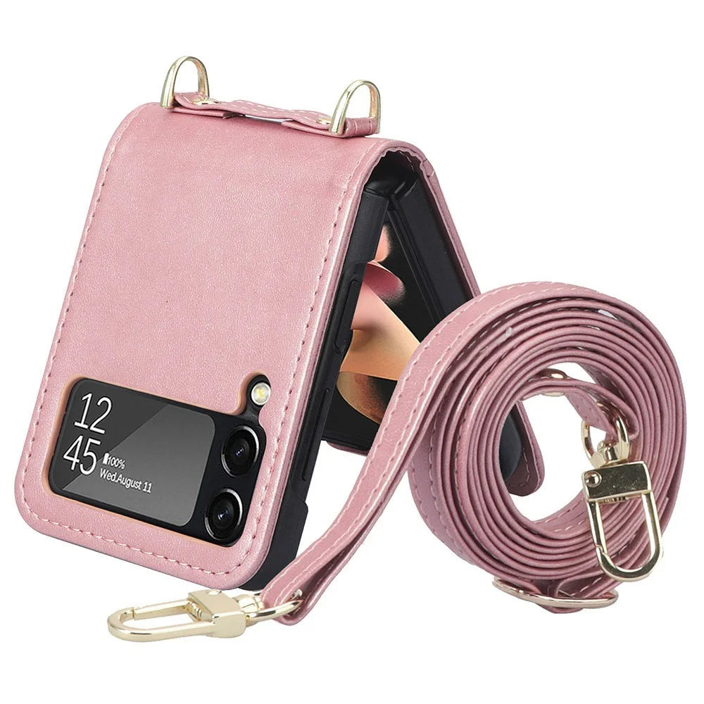 Card Slots Phone Cover for Samsung Galaxy Z Flip3 5G,  One-piece Design PU Leather + TPU Case with Long Lanyard - Pink - 6