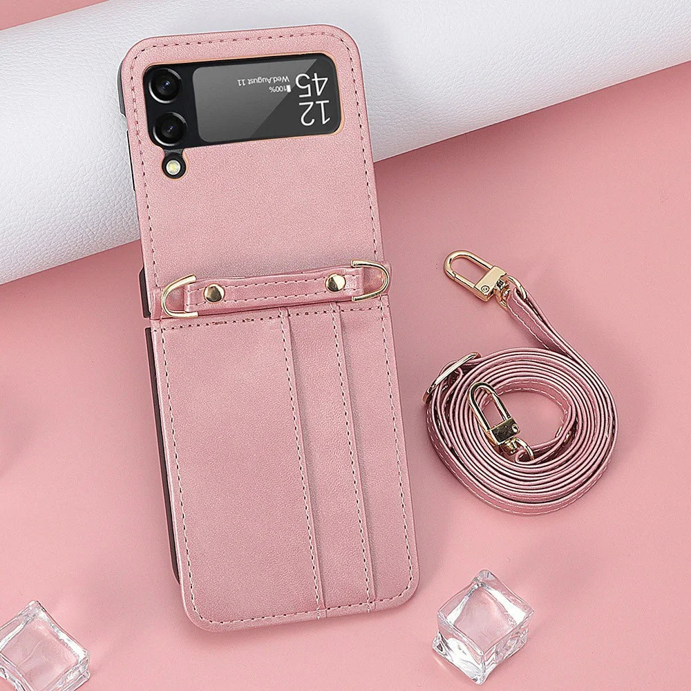 Card Slots Phone Cover for Samsung Galaxy Z Flip3 5G,  One-piece Design PU Leather + TPU Case with Long Lanyard - Pink - 7