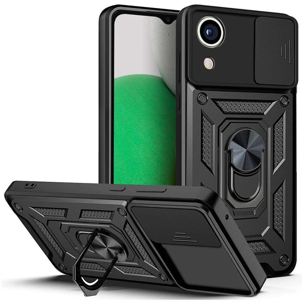 For Samsung Galaxy A03 Core PC + TPU Anti-Scratch Armour Phone Cover Ring Holder Kickstand Protective Case with Camera Slide Cover - Black - 1