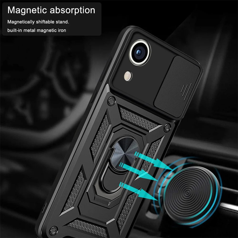 For Samsung Galaxy A03 Core PC + TPU Anti-Scratch Armour Phone Cover Ring Holder Kickstand Protective Case with Camera Slide Cover - Black - 2