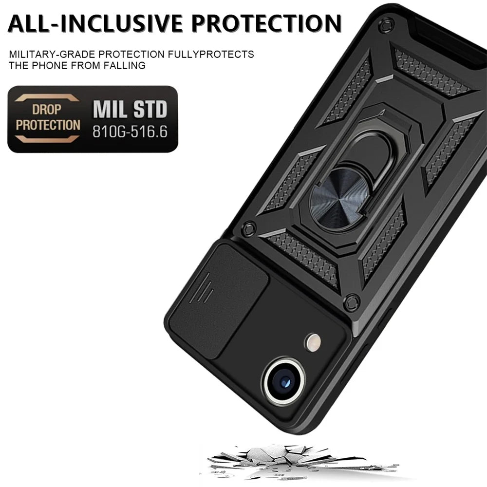 For Samsung Galaxy A03 Core PC + TPU Anti-Scratch Armour Phone Cover Ring Holder Kickstand Protective Case with Camera Slide Cover - Black - 3