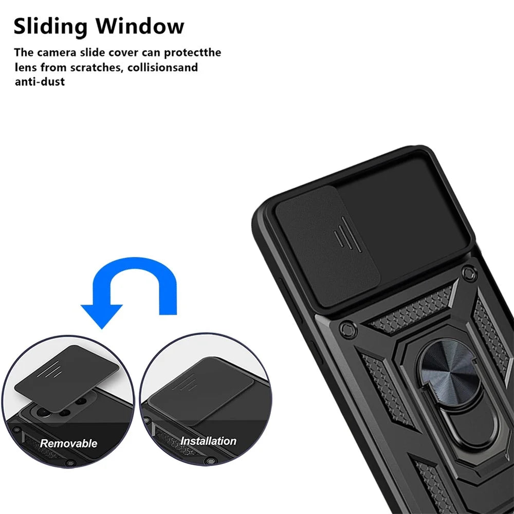 For Samsung Galaxy A03 Core PC + TPU Anti-Scratch Armour Phone Cover Ring Holder Kickstand Protective Case with Camera Slide Cover - Black - 4