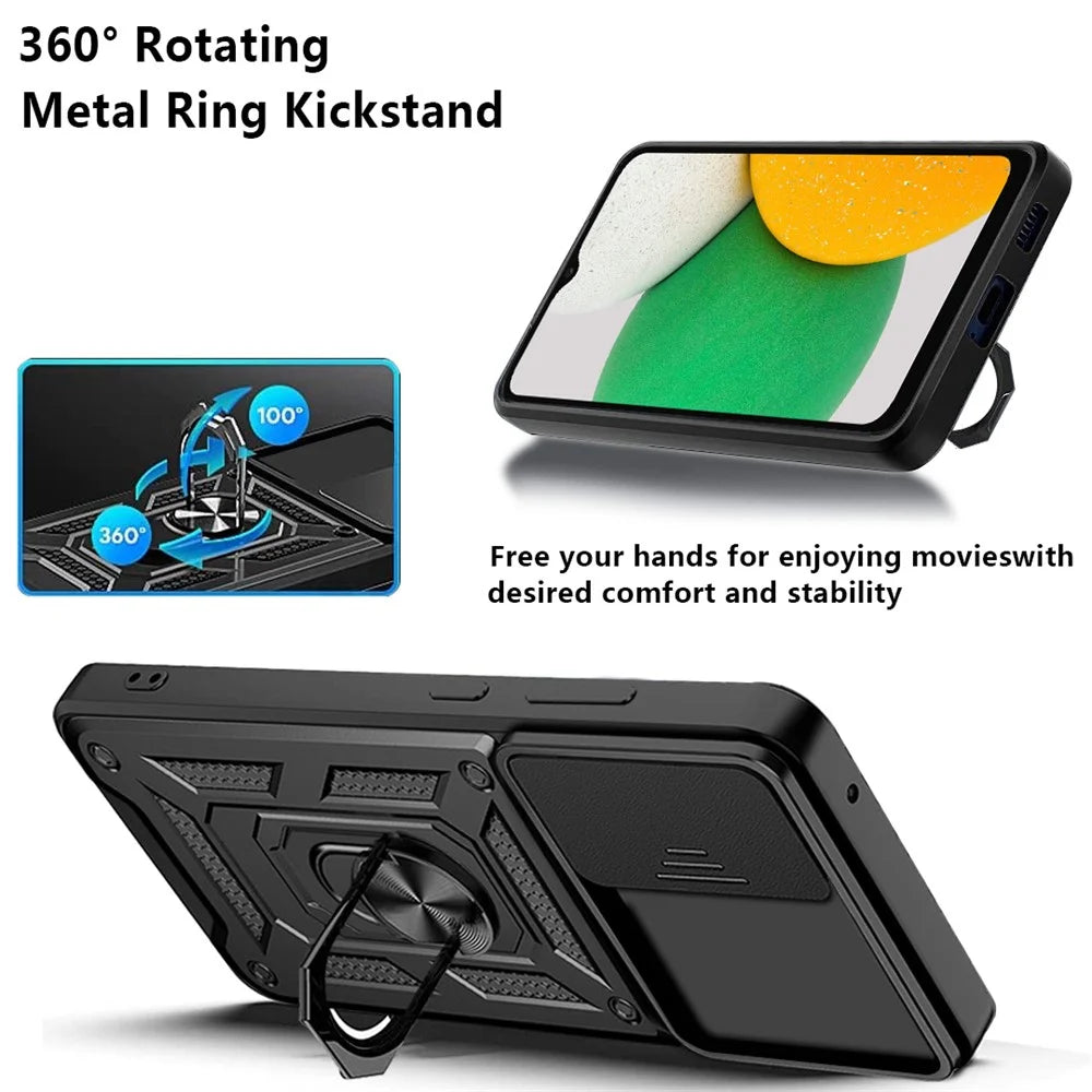 For Samsung Galaxy A03 Core PC + TPU Anti-Scratch Armour Phone Cover Ring Holder Kickstand Protective Case with Camera Slide Cover - Black - 5