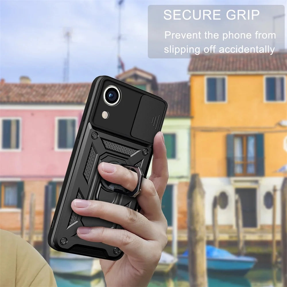 For Samsung Galaxy A03 Core PC + TPU Anti-Scratch Armour Phone Cover Ring Holder Kickstand Protective Case with Camera Slide Cover - Black - 7