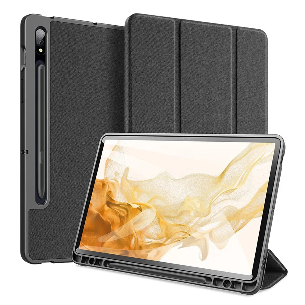 DUX DUCIS DOMO Series PU Leather Trifold Stand Cover for Samsung Galaxy Tab S7 / Tab S8, Auto Sleep/Wake Full Body Protective Flip Case with Pencil Holder - Black - 1