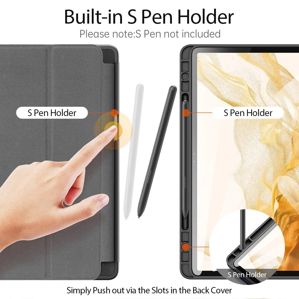 DUX DUCIS DOMO Series PU Leather Trifold Stand Cover for Samsung Galaxy Tab S7 / Tab S8, Auto Sleep/Wake Full Body Protective Flip Case with Pencil Holder - Black - 2