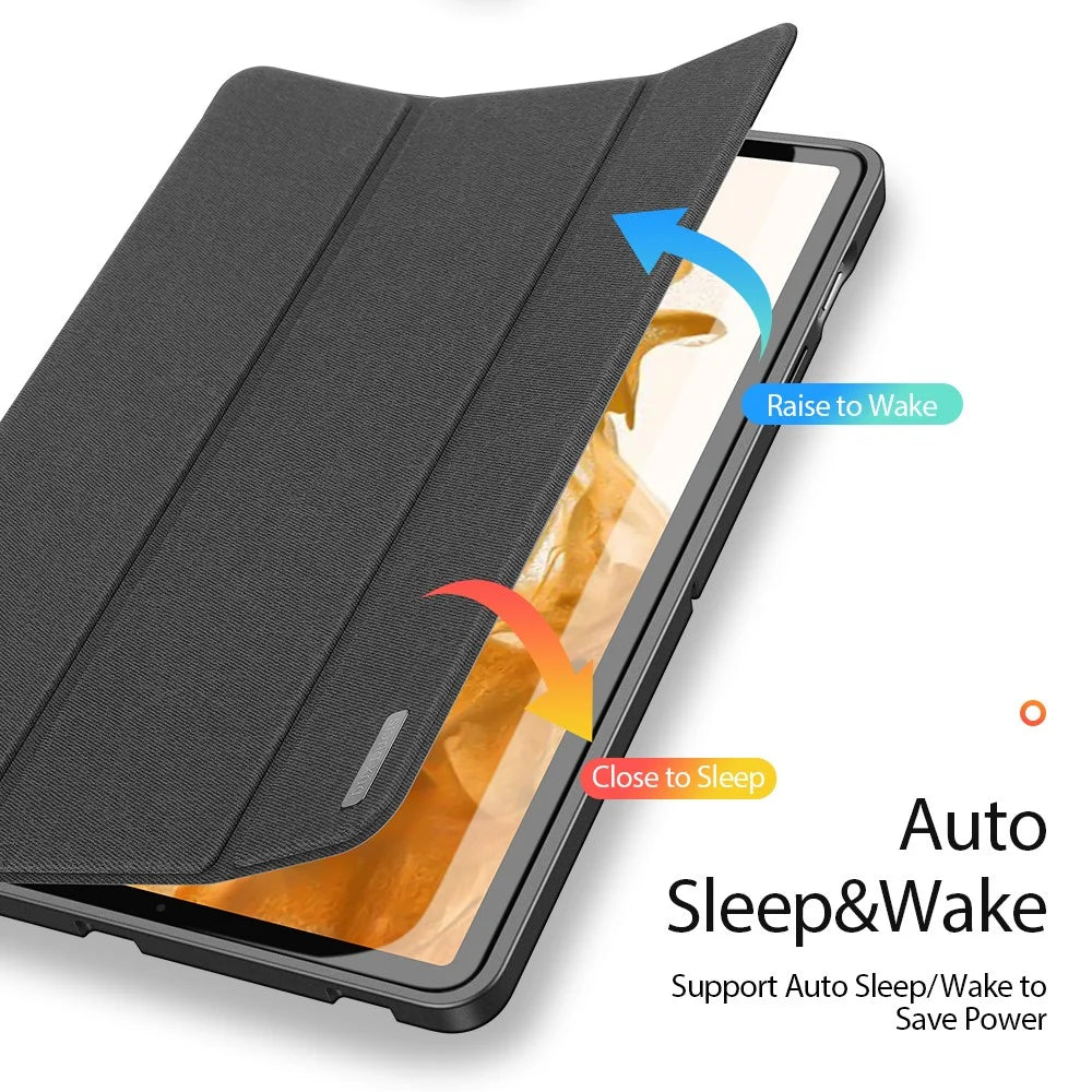 DUX DUCIS DOMO Series PU Leather Trifold Stand Cover for Samsung Galaxy Tab S7 / Tab S8, Auto Sleep/Wake Full Body Protective Flip Case with Pencil Holder - Black - 7