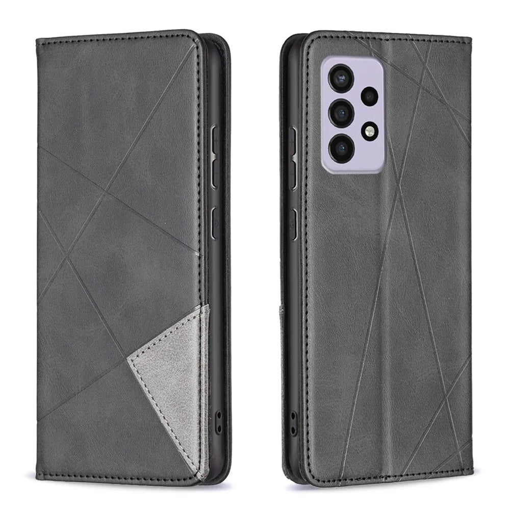 For Samsung Galaxy A33 5G Phone Case Imprinting Pattern Splicing Style Phone Cover Card Slots Design Leather Phone Shell - Black - 1